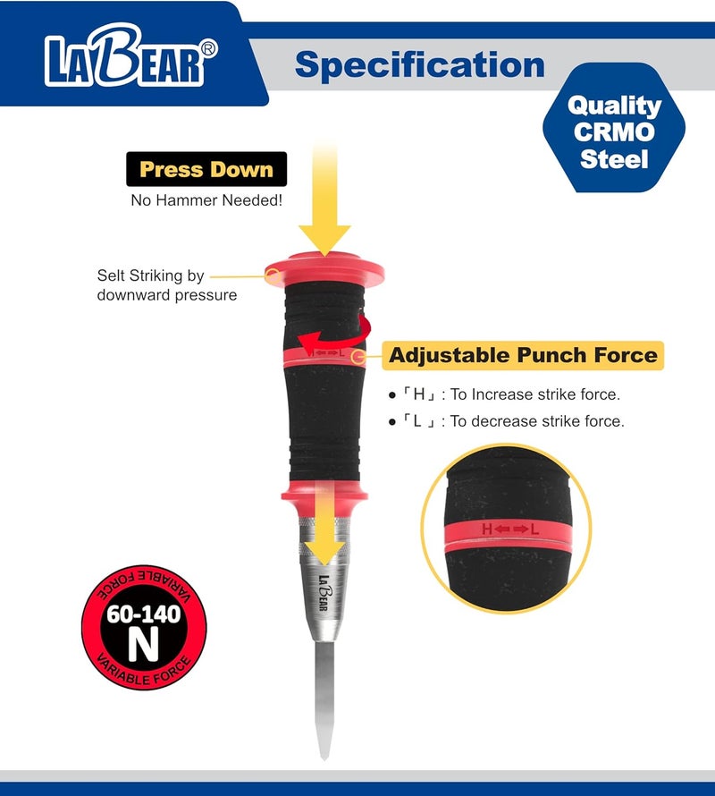 LABEAR - 6-Inch Automatic Center Hole Punch with Adjustable One-Handed Spring Impact, Chrome-Plated Shank, and Premium S2 Steel Tip - Image 2